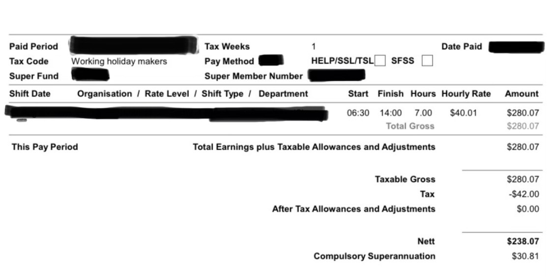 オーストラリアのアシスタントナース（AIN）の給与明細。平日早朝シフト7時間で時給40.01豪ドル