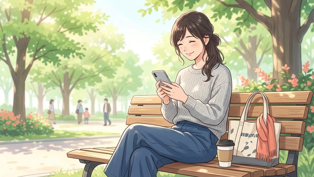休みの日に公園のベンチで、スマホを手に落ち着いて笑う看護師のイラスト