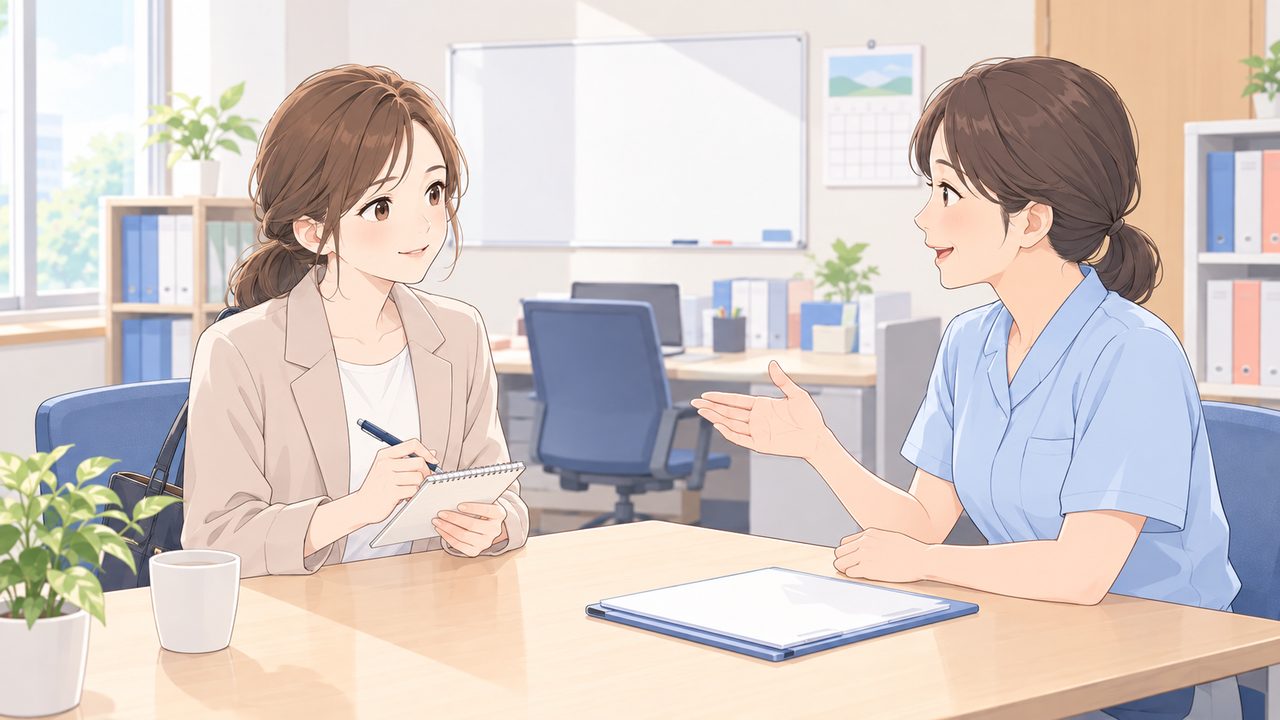 訪問看護ステーションの見学で、管理者の説明をメモを取りながら聞く看護師のイラスト