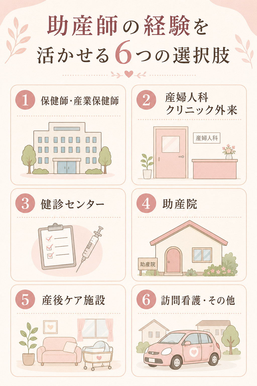 助産師の経験を活かせる6つの選択肢:保健師・産業保健師、産婦人科クリニック外来、健診センター、助産院、産後ケア施設、訪問看護・その他