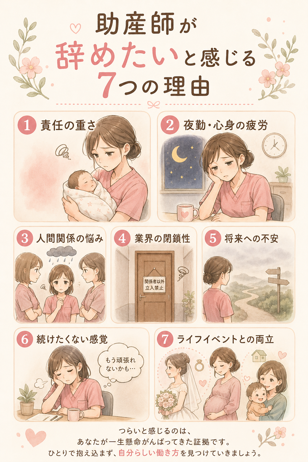 助産師が辞めたいと感じる7つの理由:責任の重さ・夜勤と心身の疲労・人間関係の悩み・業界の閉鎖性・将来への不安・続けたくない感覚・ライフイベントとの両立