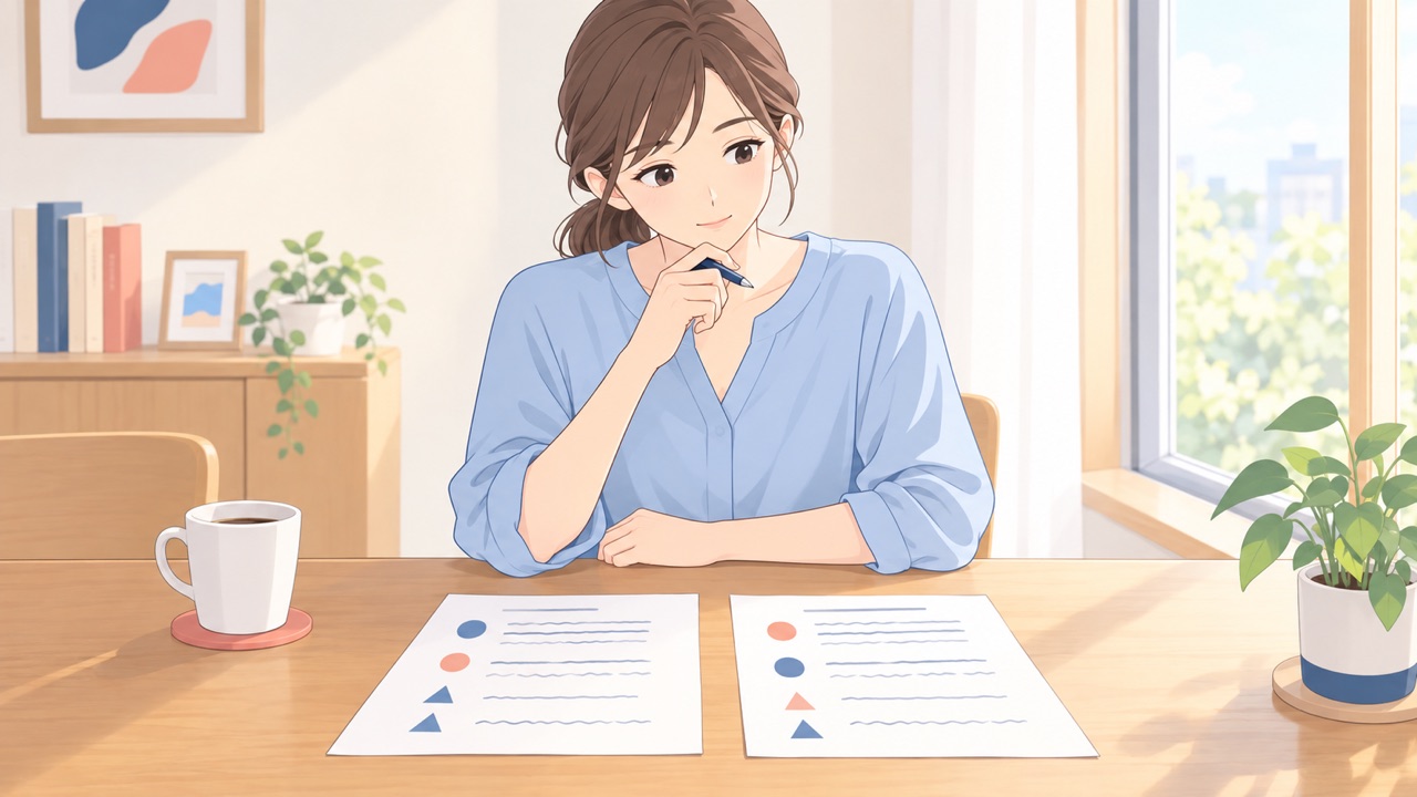 2枚の書類を並べて、ペンをあごに当てながら見比べている看護師のイラスト