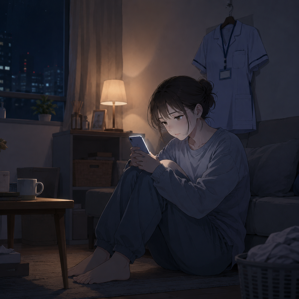 夜ふかしをする看護師のイラスト