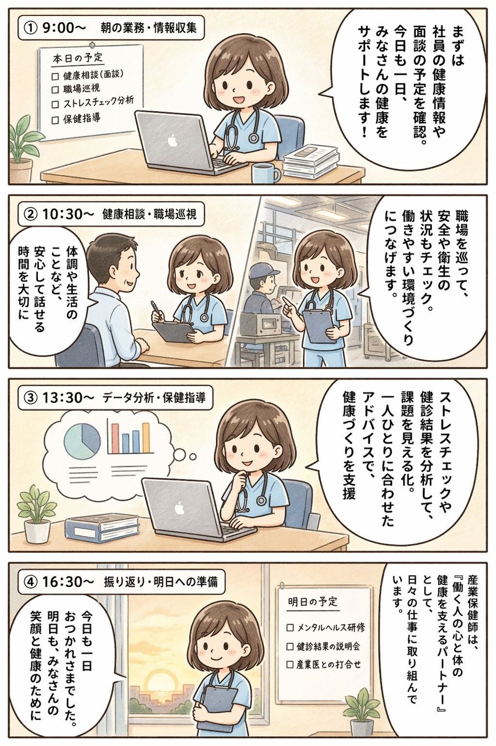 産業保健師の1日を描いた4コマ漫画