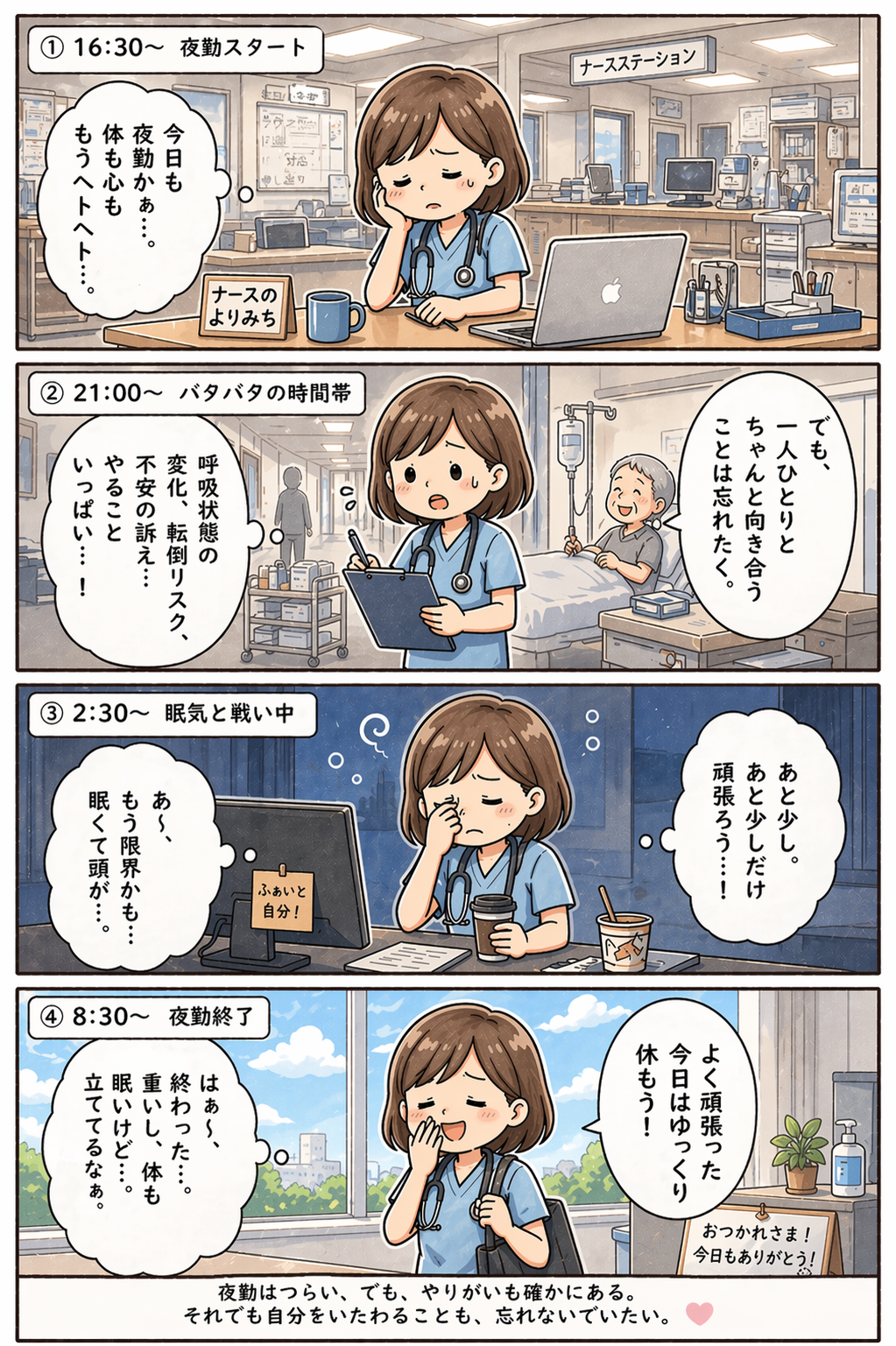 夜勤看護師の四コマ漫画｜夜勤はつらい、でもやりがいもある